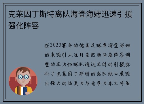 克莱因丁斯特离队海登海姆迅速引援强化阵容 克莱因丁斯特离队海登海姆迅速引援强化阵容