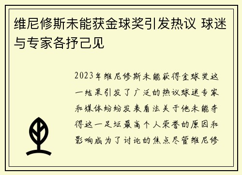 维尼修斯未能获金球奖引发热议 球迷与专家各抒己见 维尼修斯未能获金球奖引发热议 球迷与专家各抒己见